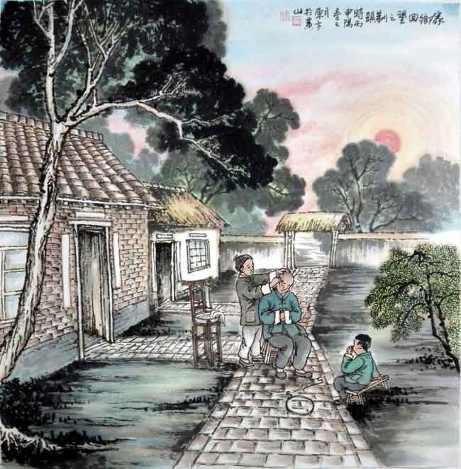 刘东方《家乡回望》系列国画作品:剃头