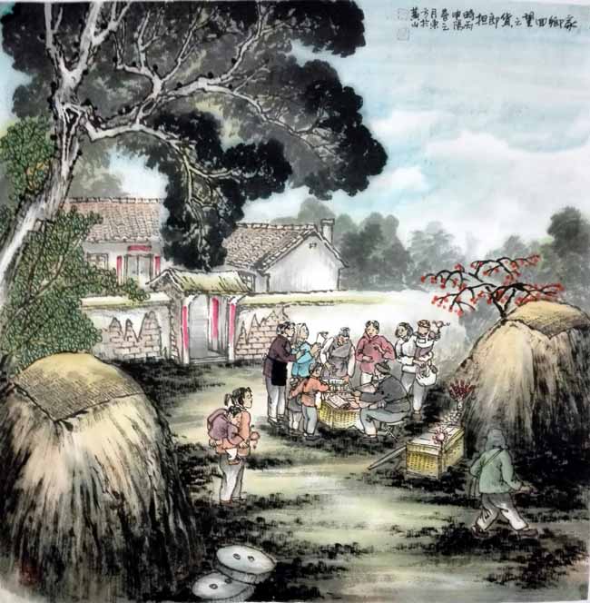 刘东方《家乡回望》系列国画作品:货郎担