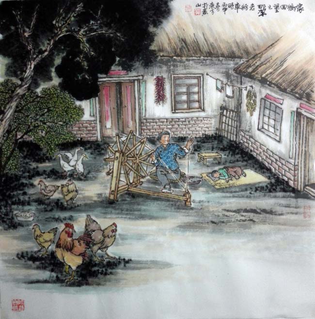 刘东方《家乡回望》系列国画作品：那架老纺车