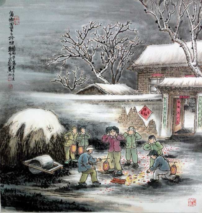 刘东方《家乡回望》系列国画作品:拾炮
