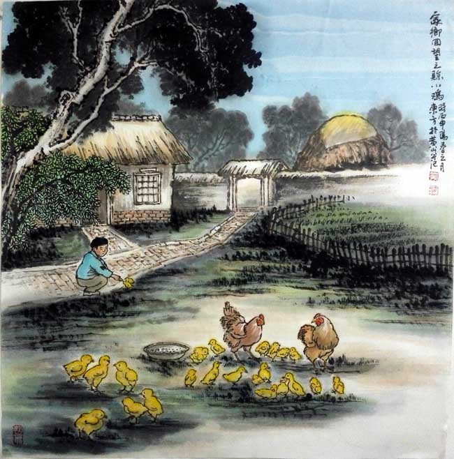 刘东方《家乡回望》系列国画作品:赊小鸡