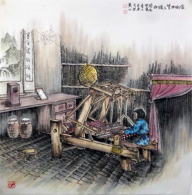刘东方《家乡回望》系列国画作品:织布