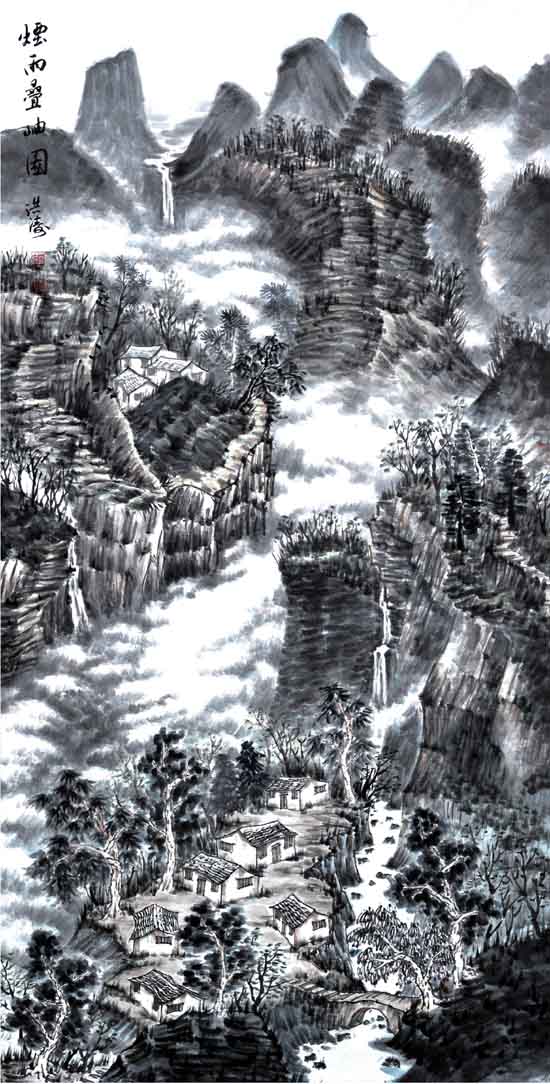 嵩山画家赵洪涛山水画作品:烟雨叠岫图