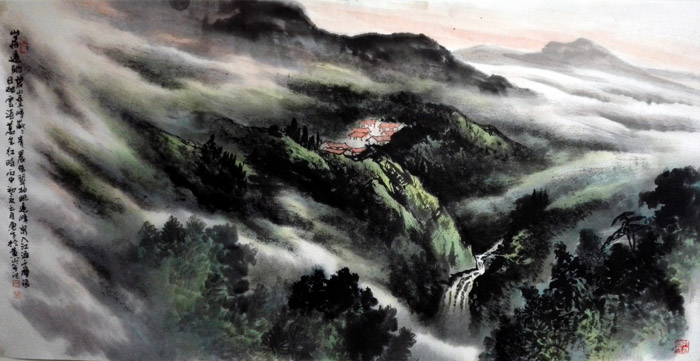 刘东方山水画作品：《山居远眺》136×68cm