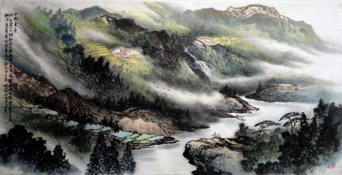 刘东方山水画作品:《山乡春色》136×68cm