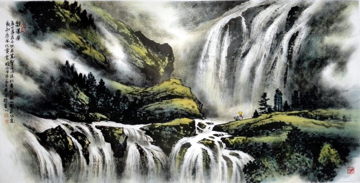 刘东方山水画作品:《观瀑图》136×68cm