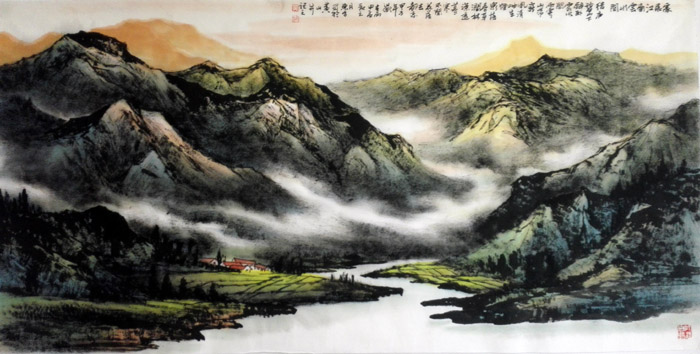 刘东方山水画作品：《家居江南云水间》136×68cm