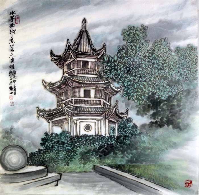刘东方山水画作品：《水墨徽乡之黄山区六角楼》68×68cm
