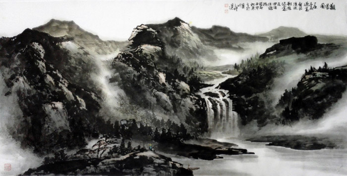 刘东方山水画作品:观瀑图 2016 68×136cm