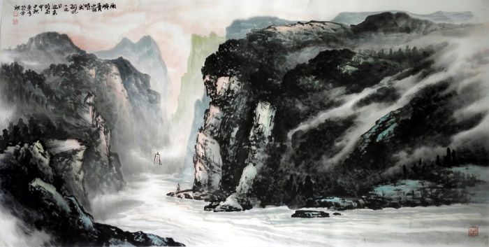 刘东方山水画作品:两岸青山相对出 2016 68×136cm