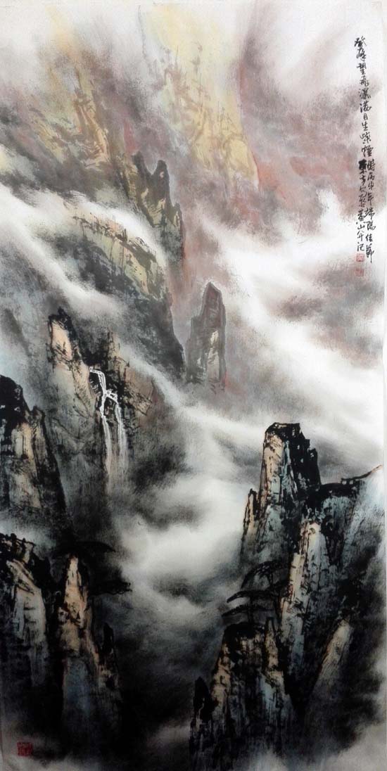 刘东方山水画作品:登峰望飞瀑 2016 68×136cm