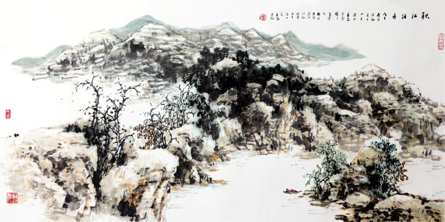 画家丁平安先生作品:《秋江泊舟》规格:138cmX69cm