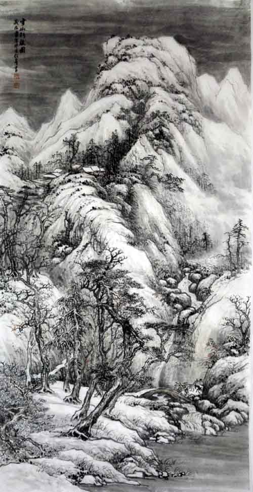 孙超峰山水画作品：雪雪山行旅图 2016年 68cm×136cn