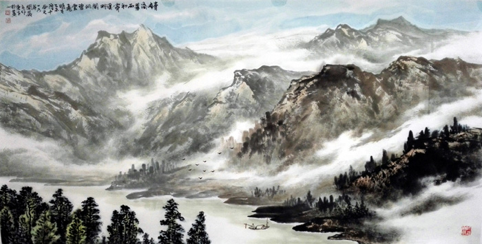 刘东方先生山水画精品赏析:《青峰滴翠雨初霁 溪畔闲眺碧云飞》