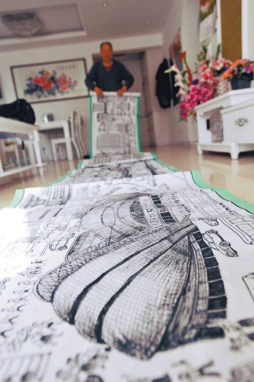 老人画现代版“清明上河图” 12米长卷有上千人物