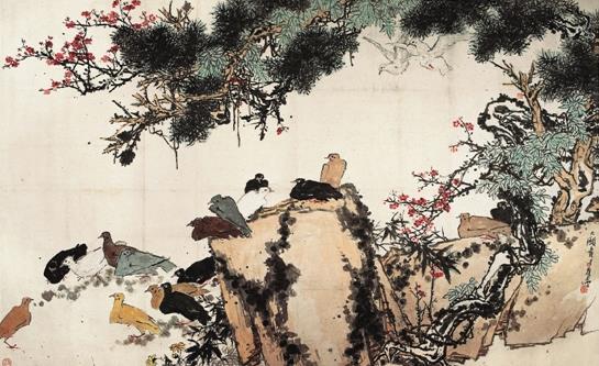 潘天寿 松梅群鸽图 中国画(指墨) 177.2×286cm 1950年代