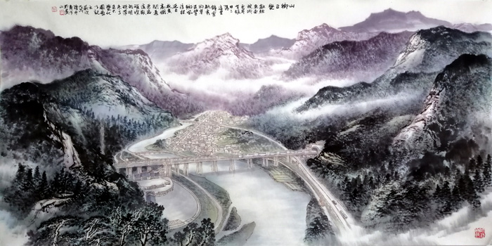刘东方山水画作品:《山乡巨变》