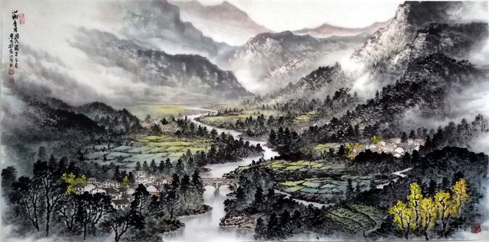 刘东方山水画作品:《山乡春早》