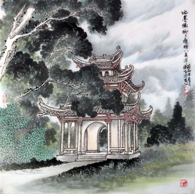 刘东方山水画作品:水墨徽乡之唐模八角亭