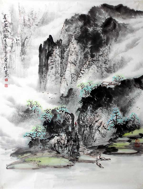 刘东方山水画作品: 春山泉鸣(69×90厘米2008年夏)