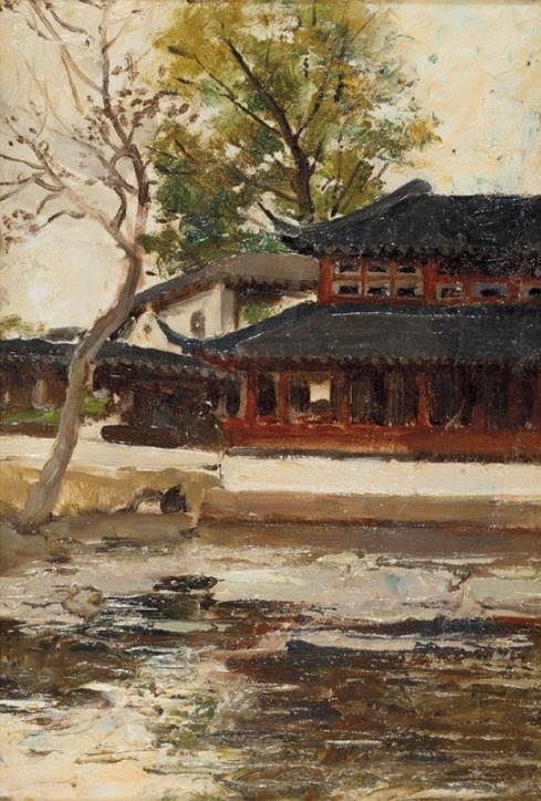 吴作人 苏州拙政园一角 29×20cm 油画